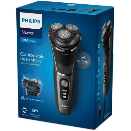 Philips Afeitadora Eléctrica Serie 3000 S3343/13 Wet & Dry, Cabezales Pivotantes 5D, Cuchillas PowerCut, 60 Minutos Autonomía